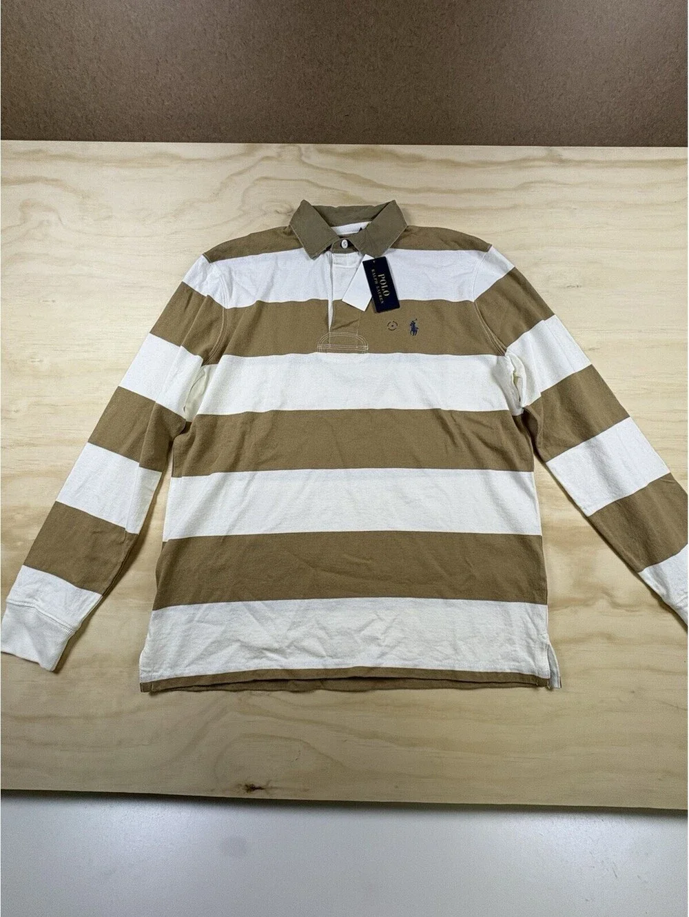NWT Polo Ralph Lauren Rugby Shirt Men’s Medium Tan White Stripe Classic Fit
